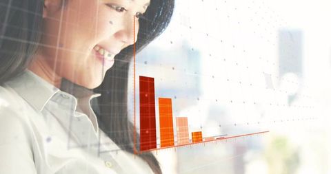 Asian professional analyzing bar chart for business insights