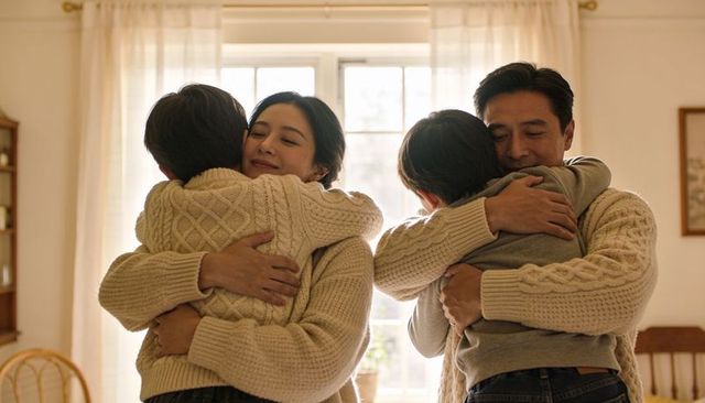 Cozy family hugging children in sunlit living room wearing matching cable-knit sweaters