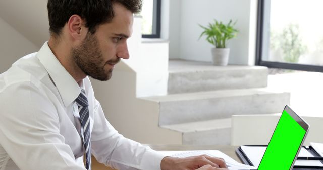 Businessman Working on Laptop with Green Screen in Modern Office - Download Free Stock Images Pikwizard.com