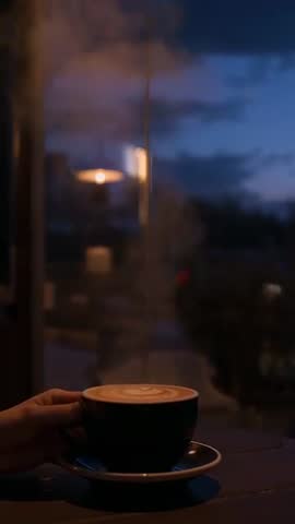 Cozy cafe dusk vertical video hand cradling latte at window, steam rising, warm bokeh glow