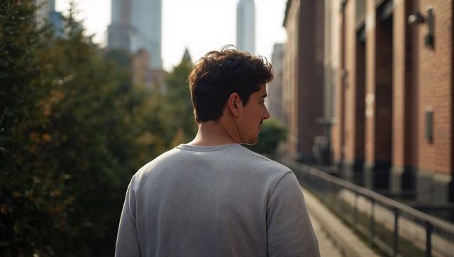 Man walking urban walkway listening to earbuds with skyline and brick architecture