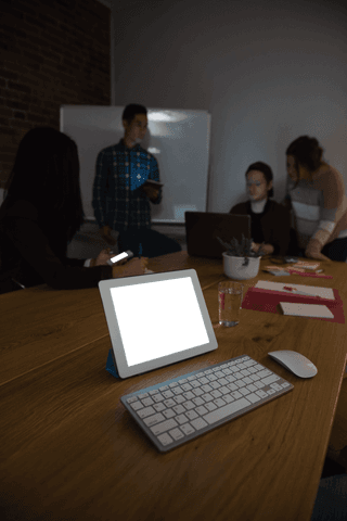 Transparent background business meeting with digital devices