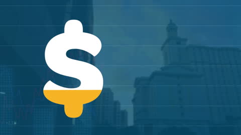 Dollar Symbol Animation Against Cityscape with Financial Data Overlay