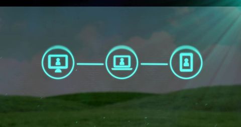 Glowing device icons highlighting digital connectivity over hill