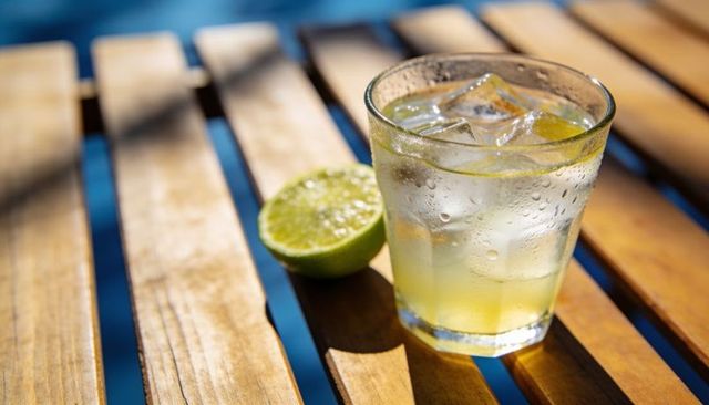 Chilled lime drink resting on sunlit wooden slats poolside with melting ice, summer vibe