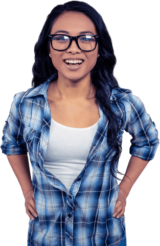 Happy Asian Woman in Transparent Background, Plaid Shirt and Glasses