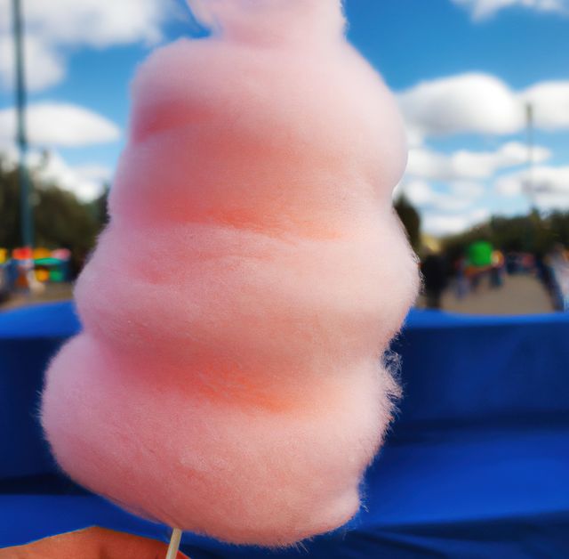 This vibrant photo depicts a hand holding fluffy pink cotton candy against a backdrop of a bright blue sky and an outdoor fair setting. Perfect for promoting festivals, family events, sweet treats, summer activities, and themed social media posts.