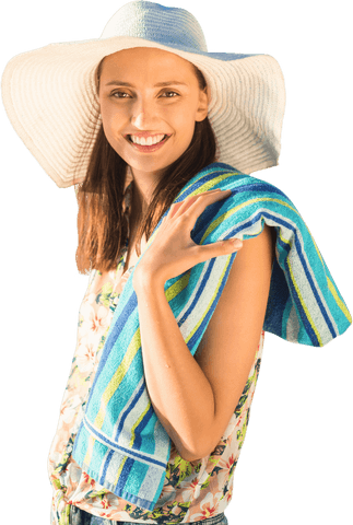 Smiling Woman in Sunhat with Beach Towel on Transparent Background