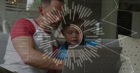 Father guiding son using laptop with hud data overlay, learning together at home