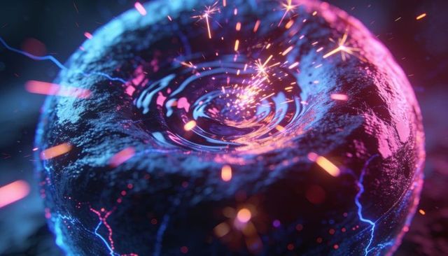 Glowing torus emitting neon sparks over liquid core, futuristic plasma ring closeup