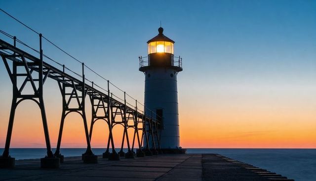 Lighthouse casting warm glow over pier at sunset with metal catwalk