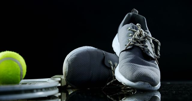 Gray sports sneakers alongside a tennis ball situated on a glossy reflective surface against a black background. Suitable for illustrating topics related to sports, fitness, athletic footwear, and tennis. Ideal for use in ads, sportswear promotions, fitness blogs, and magazine articles focused on sports equipment.