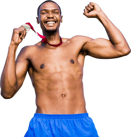 Joyful african american athlete celebrating win on transparent background