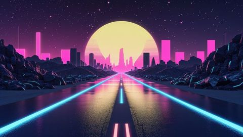 Cyberpunk future cityscape with neon highway and glowing sun
