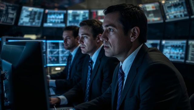 Focused traders analyzing stock market data in office