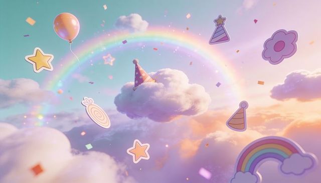 Dreamy cloud wearing polka-dot party hat drifting over pastel sky, rainbow, confetti