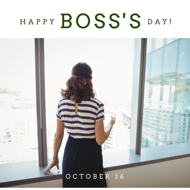 Celebrating Boss's Day with this image featuring a businesswoman looking out of an office window. Perfect for use in corporate email templates, social media posts celebrating Boss's Day, or company newsletters expressing appreciation for leadership. Highlights themes of gratitude, management, and professional atmosphere.