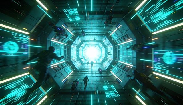 Armored team sprinting through hexagonal spacecraft corridor toward glowing teal portal with drones