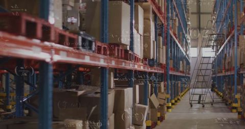 Automated warehouse with mathematical equations overlay