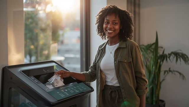 Smiling woman inserting plastic bag into touchscreen recycling kiosk in sunlit urban space