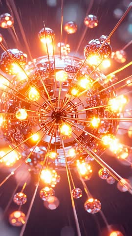 Sphere radiating pulsing energy orbs along radial metal rods vertical futuristic loop