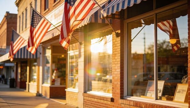 Small town main street with american flags waving and sunlit storefronts at golden hour
