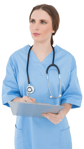 Thoughtful female doctor with clipboard transparent background standing pose