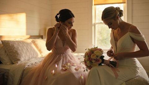 Sunlit bridal preparation: bride fastening gown and bridesmaid putting on earrings