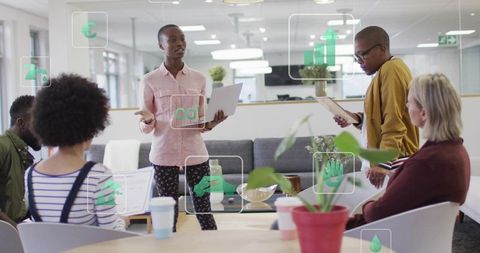 Inclusive team presenting sustainability strategy, digital eco-icons and growth analytics