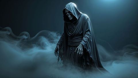 Eerie skeletal grim reaper figure in misty cave with hooded cloak