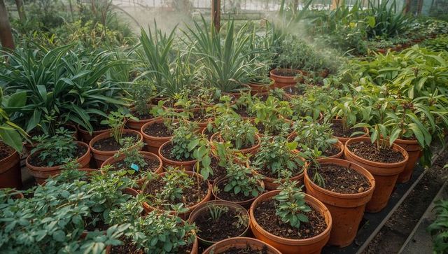 Greenhouse nursery growing seedlings in terracotta pots with morning mist
