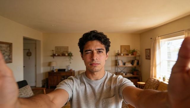 Young man winking taking selfie in sunlit cozy living room with plants and armchair
