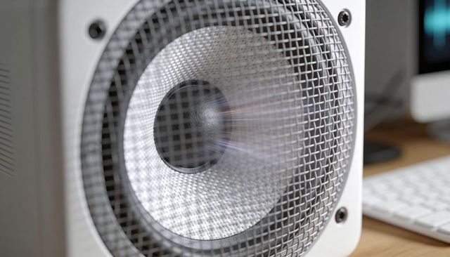 Close-up white studio monitor speaker showing woven cone behind metal grille on wood desk