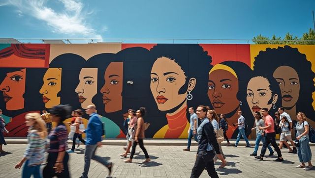 Diverse urban crowd walking past colorful mural on sunny day