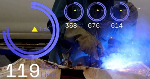 Industrial welder welding steel panel with augmented hud data overlay showing production limits