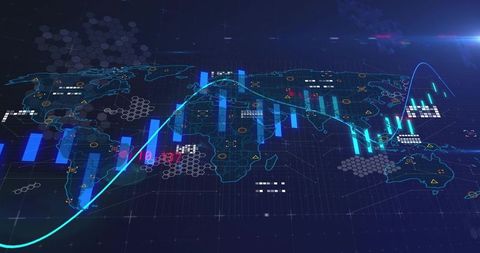 Visualizing Global Financial Trends on Neon Holographic World Map Analytics Interface