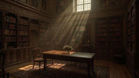 Sunlit Vintage Library with Wooden Furniture and Books