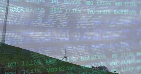 Financial Data Overlay on Wind Turbine in Green Countryside