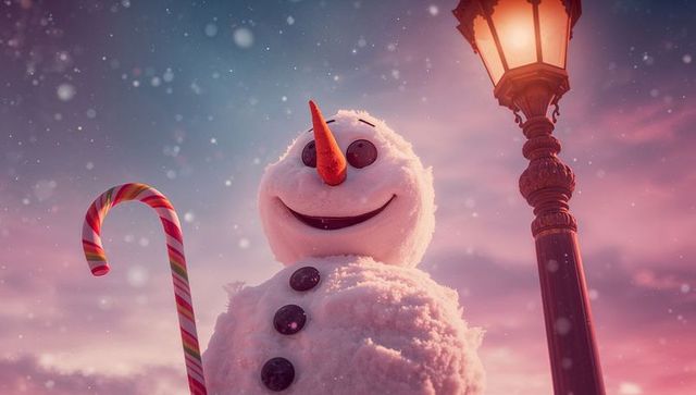 Cheerful snowman greeting winter dusk under lamppost