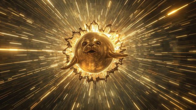 Golden seal head emerging through cosmic portal with radiant beams