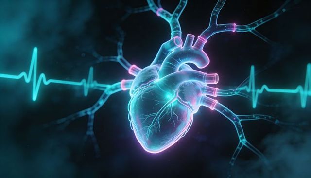 Glowing Neon 3D Heart Visualization Showing ECG Waveform and Vascular Network