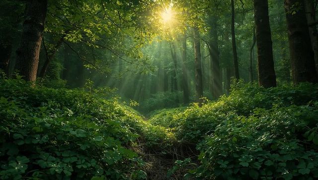 Sunbeams Piercing Lush Forest Canopy Over Misty Woodland Gully at Sunlit Morning