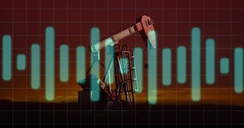 Oil pumpjack silhouette at red sunset with teal data wave overlay for energy analytics