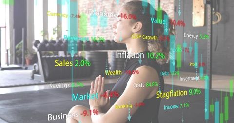 Woman meditating in gym with financial overlays showing mindfulness amid market stress