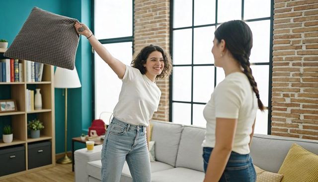 Having playful pillow fight: smiling young women in bright modern loft living room