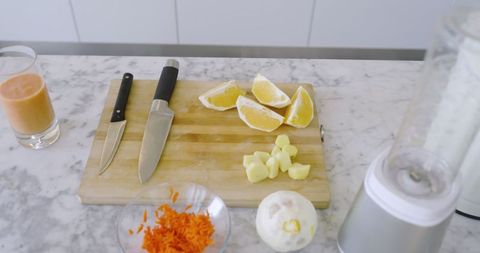 Culinary ingredients on marble for smoothie preparation