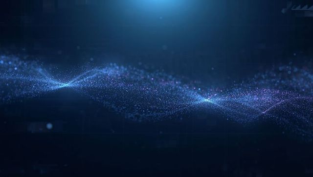 Glowing particle wave flow across digital grid with neon bokeh light and depth
