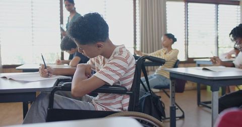 Boy in Wheelchair Studying in Inclusive Classroom Setting