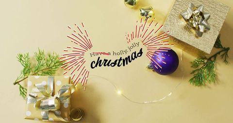 Holiday greeting with gold gift boxes, purple bauble, twinkling lights, evergreen sprig