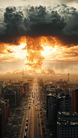 Vertical apocalyptic mushroom cloud explosion over city avenue with rushing traffic